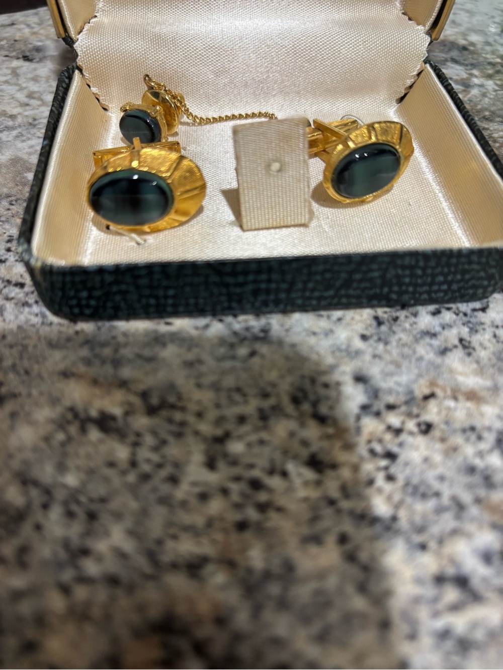 Source Unknown Gold-Tone Cufflinks with Dark Green Cabochons